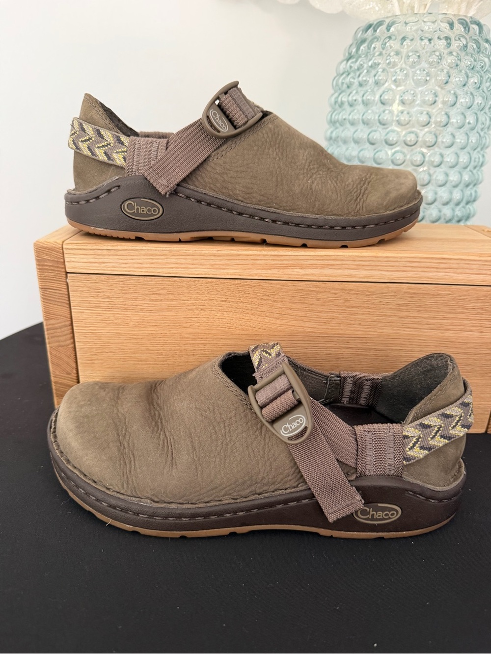 Vibram Chaco’s Olive Brown Leather Slip-On Clog with Adjustable Strap